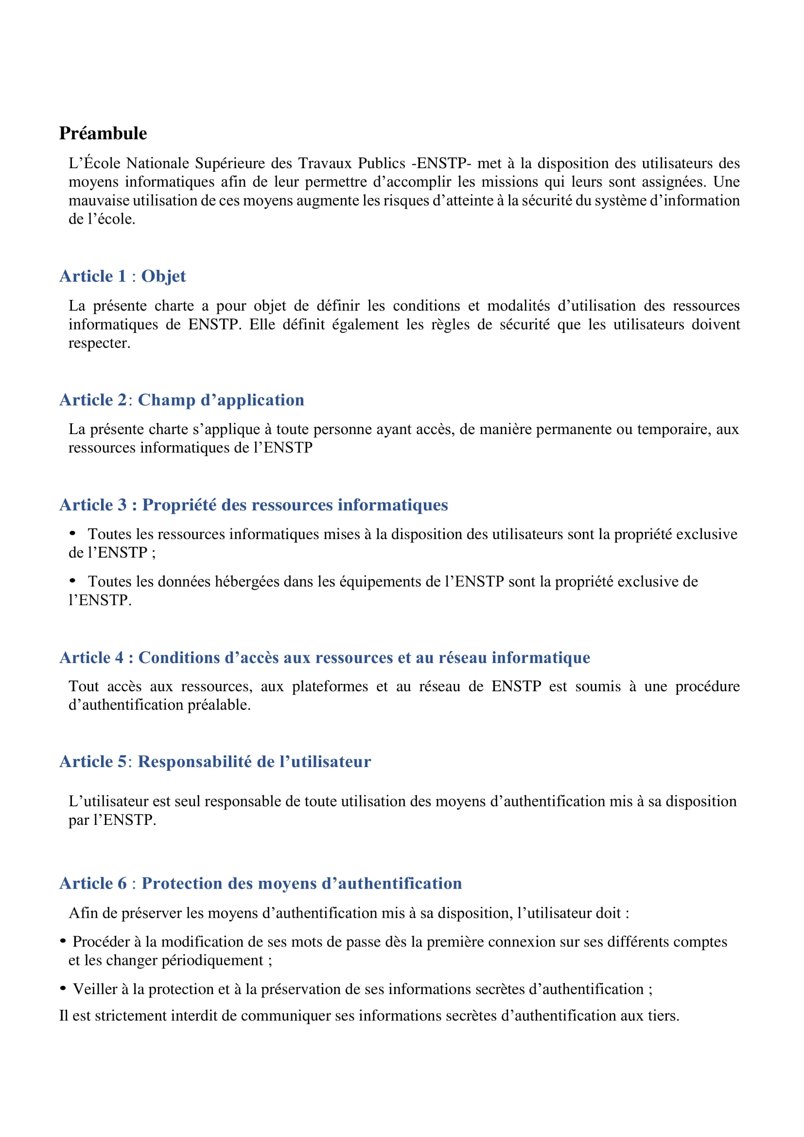 ENSTP Charte informatique 2