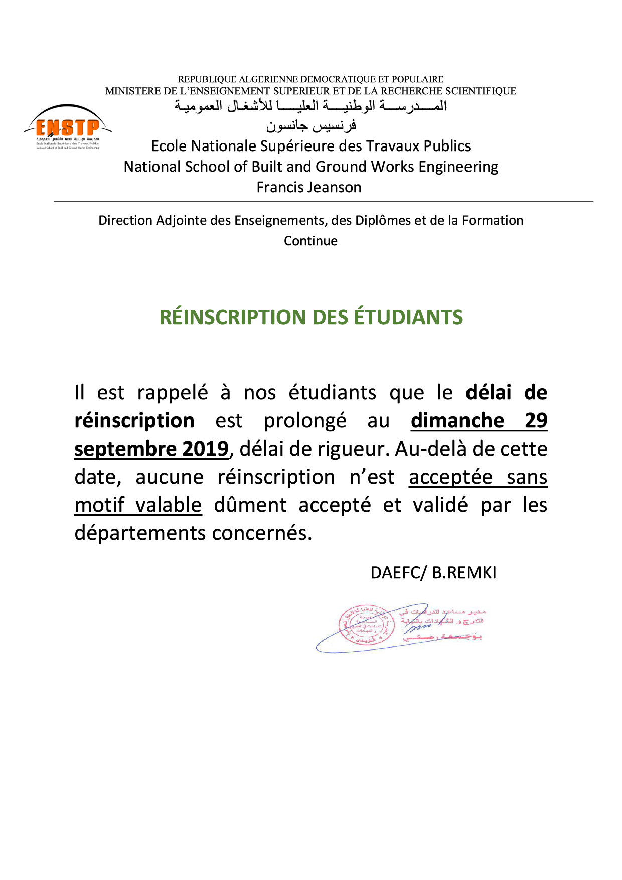 Note réinscription