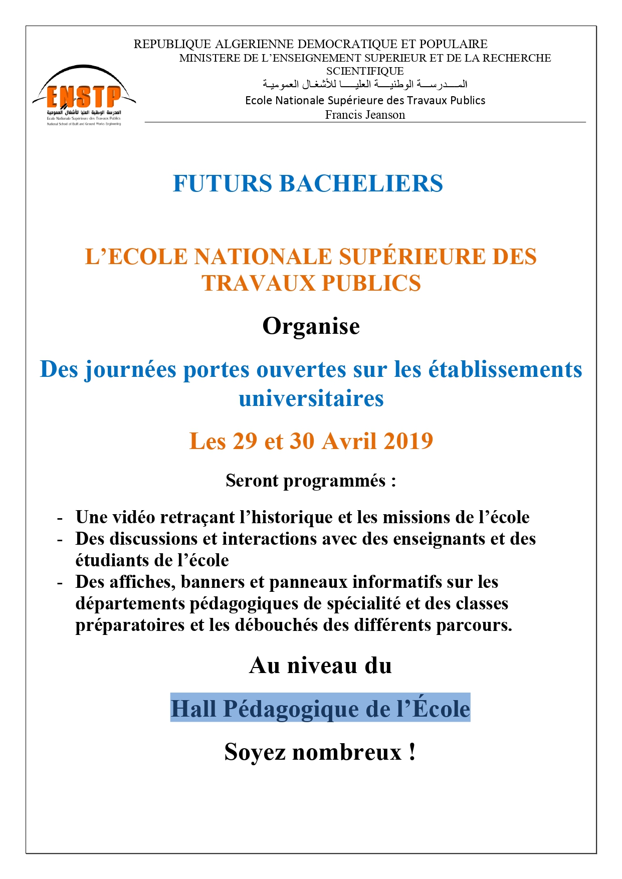 Programme portes ouvertes ENSTP