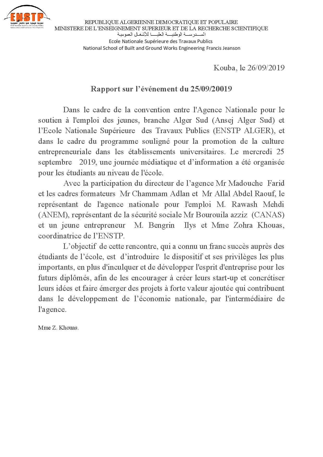 Rencontre ENSTP ANSEJ 25sept2019
